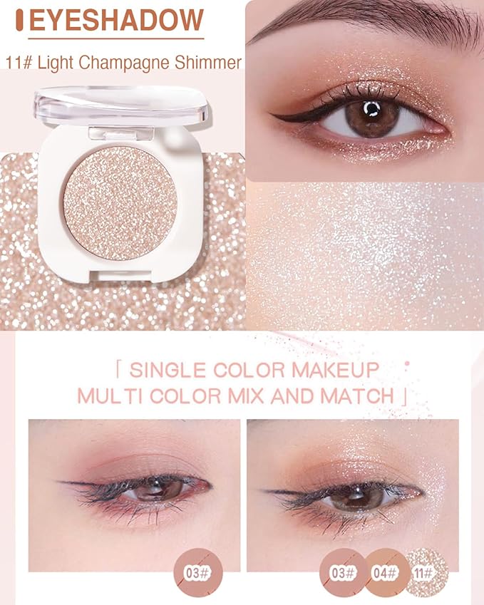 Glitter Eyeshadow Single, Ultra-Fine Sparkling Diamond Shimmer, Long-Lasting Sheer Eye Makeup, Crease-Proof & Buildable Eye Shadow Topper (11# Pearl Champagne)
