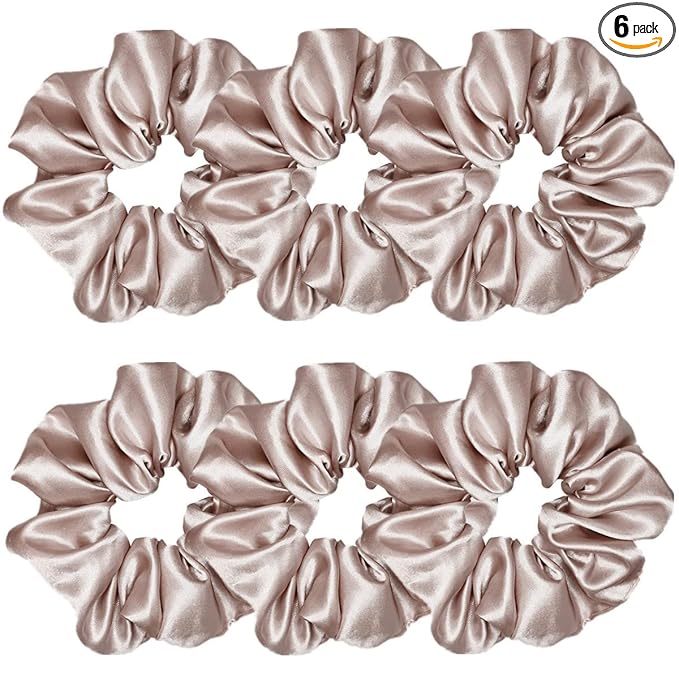 6 Pcs Satin Silk Hair Scrunchies Soft Hair Ties Fashion Hair Bands Hair Bow Ropes Hair Elastic Ponytail Holders Hair Accessories for Women and Girls (4.5 Inch, Champagne)