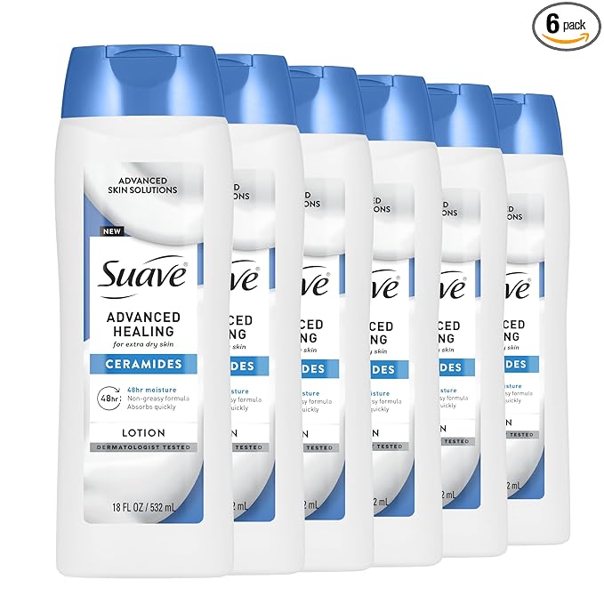 Suave+ Advanced Healing Hand & Body Lotion for Women With Ceramides for Very Dry Skin, Hydrating, Non-Greasy, Allergen-Free Moisturizing Cream, Lightly Scented, 18 FL OZ, 6 Pack