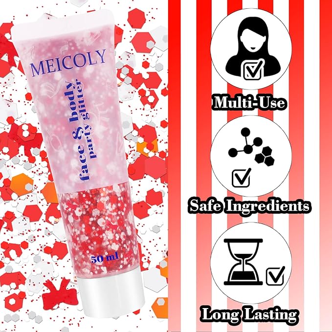 MEICOLY Red Face Glitter,Red and White Body Glitter for Reading Week World Book Day,Self-Adhesive Glitter for Kids Girls Adults,Book Character Costumes Cosplay Accessories for Halloween Festival