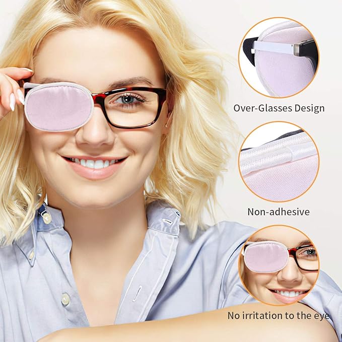 eZAKKA Eye Patches for Adults, Eye Patch for Glasses, Silk Eye Patch Medical for Lazy Eye Patches for Women Amblyopia Strabismus and After Surgery (Light Pink+Light Green)