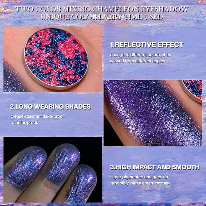 DE'LANCI Purple Blue Duochrome Pressed Eyeshadow, Highly Pigmented Multichrome Shimmer Eyeshadow, Holographic Vibrant Glitter Eye Shadow, Long-Lasting Impression Eye Shadow, Talc & Cruelty Free, 01
