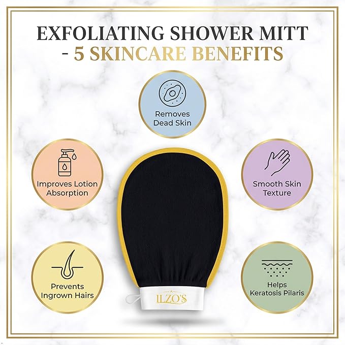 ILZO’S Original Exfoliating Mitt for Body (2 Pack) – Deep Exfoliating Glove for Dead Skin Removal, Korean Viscose Body Scrub Mitt for Smooth Skin, Helps Ingrown Hair & Keratosis Pilaris (BLACK)