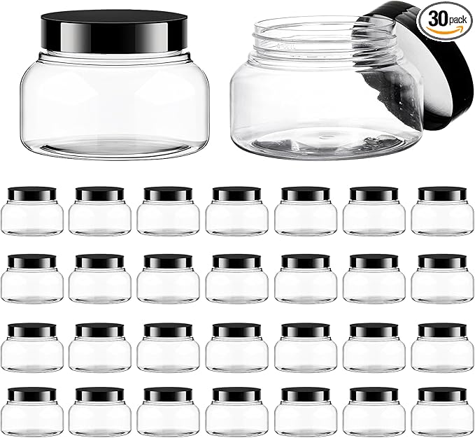 30 Pack Clear Body Scrub Jars, 8oz Clear Plastic Jars with Lids, Sugar Scrub Containers Empty Refillable Containers Round Low Profile Samples Jar for Makeup, Body Butter, Creams, Travel Storage