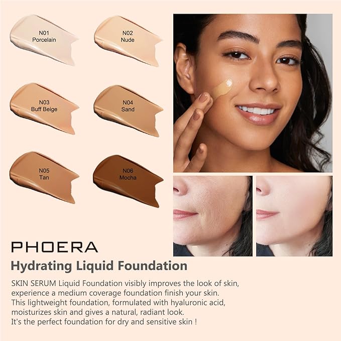 PHOERA Foundation Full Coverage,and 2024 New PHOERA Foundation Makeup for Mature Skin, Wrinkles Matte Natural Finish for a Flawless Complexion with Medium Coverage (104+N03/ Buff Beige+Buff Beige)