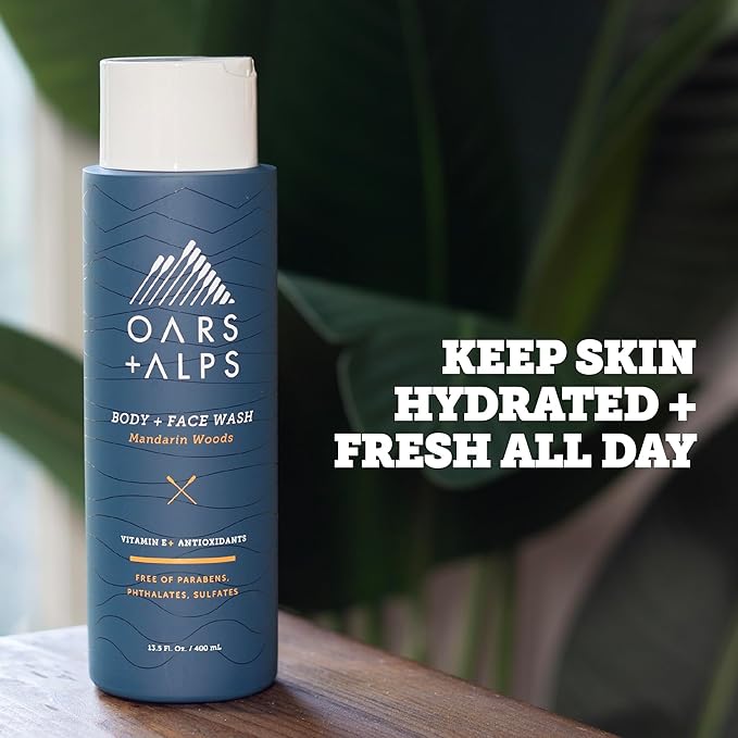 Oars + Alps Body Wash for Men, Mens Body Wash & Face Cleanser with Vitamin E & Antioxidants, Moisturizing, Paraben & Sulfate Free Cleanser, Mandarin Woods, 2pk