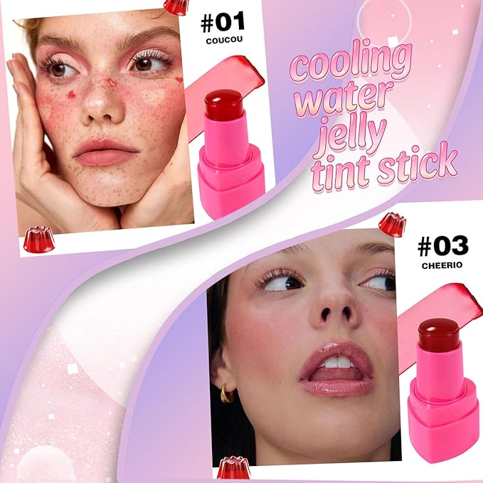 2PCS Jelly Blush Stick for Cheeks,Cooling Water Jelly Tint Stick,Moisturizing Lightweight Lip and Cheek Tint,Long-lasting,Cruelty-free,Sheer & Buildable Lip Stain + Blush（01+03）