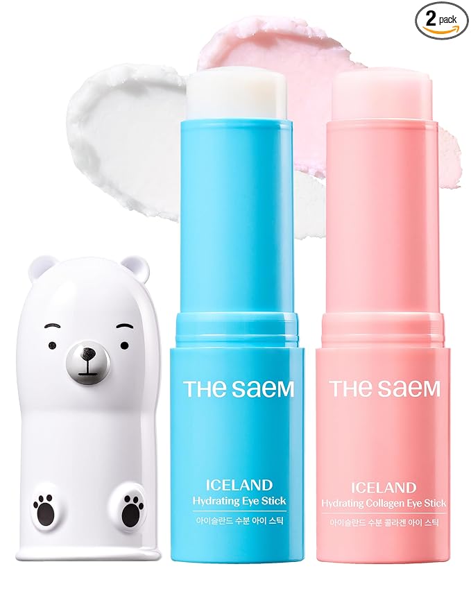 THESAEM Iceland Hydrating Eye Stick Bundle - 2 Pack (Hydrating + Collagen) 0.38 oz each - Cooling Balm for Dark Circles, Puffiness & Wrinkles - Under Eye Treatment with Niacinamide & Collagen