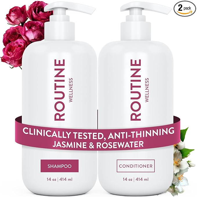 Routine Wellness Anti-Thinning Shampoo and Conditioner Set for Thinning Hair - Biotin DHT Blocker Women & Men - Color Safe Shampoo for Hair Loss & Healthier Hair - Jasmine & Rosewater (Pack of 2)