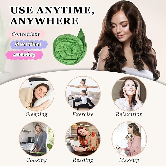 Gwabee Heatless Curls Overnight Hair Curlers to Sleep In, 9 PCS Velvet Heatless Hair Curler Overnight Curls for Women Long Medium Hair Volumes, Heatless Curling Waves Set with Sleep Bonnet - Green