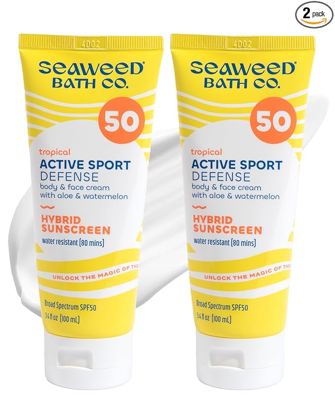 Seaweed Bath Co. Active Sport Defense Cream SPF 50 - Broad Spectrum Hybrid Sunscreen with Zinc Oxide, Aloe & Watermelon - Water Resistant Face and Body Daily Sunblock, 3.4 Ounce (Pack of 2)