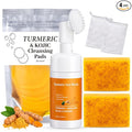 Treeroot 4Pcs Turmeric Face Wash Set: 2Pcs 70g Turmeric Kojic Acid Soap & Turmeric Face Wash with Brush & Turmeric Face Scrub Pads, Face & Body Cleanser, Cleansing Mousse for Deep Cleansing