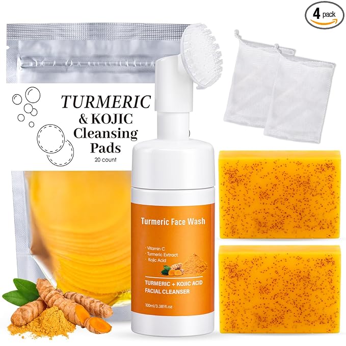 Treeroot 4Pcs Turmeric Face Wash Set: 2Pcs 70g Turmeric Kojic Acid Soap & Turmeric Face Wash with Brush & Turmeric Face Scrub Pads, Face & Body Cleanser, Cleansing Mousse for Deep Cleansing