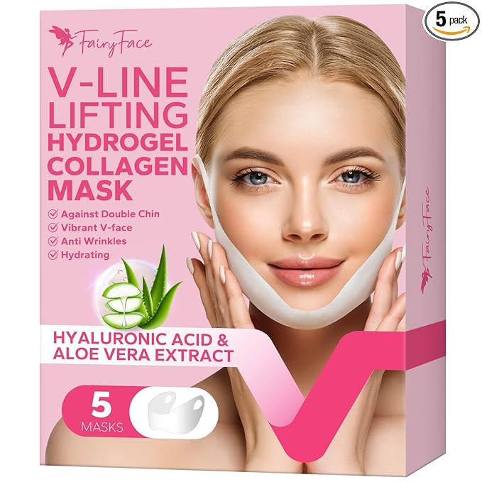 FairyFace V Line Shaping Face Masks (5 Count), Double Chin Reducer, Lifting Hydrogel Collagen Mask with Aloe Vera and Seaweed, Anti-Aging and Anti-Wrinkle