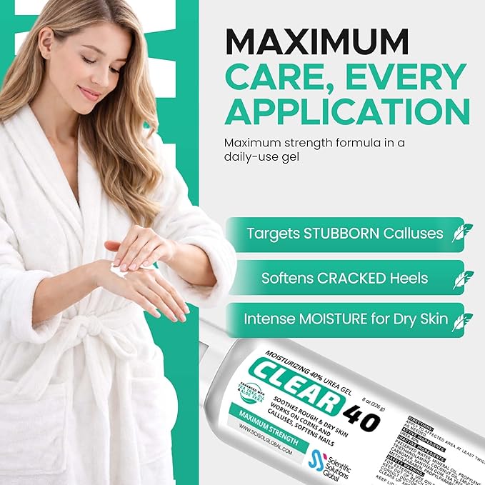 CLEAR 40 Urea Gel 40% (8 oz) with Tea Tree & Coconut Oil, Aloe Vera – Intensive Moisturizing & Exfoliating Gel for Dry Rough Skin, Feet, Heels, Elbows, Hands & Nails – Superior Hydration