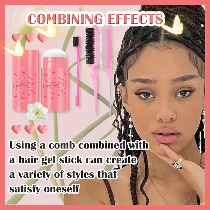 Hair Wax Stick & Hair Styling Combs Set 4 Pcs,Moisturizing Non-Greasy Hair Styling Wax Stick for Edge Control on Wigs And Hair,Lightweight Hair Slick Balm Stick for Flyaways Edge Frizz Hair