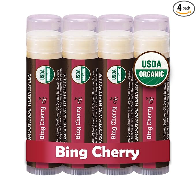 Earth's Daughter USDA Organic Cherry Lip Balm 4-Pack- Cherry Flavor - Beeswax, Coconut Oil, Vitamin E - Best Lip Repair Chapstick for Dry Cracked Lips.