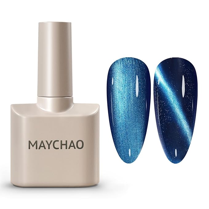 MAYCHAO 15ML Cat Eye Gel Nail Polish 1Pc Sea Blue Shimmer Gel Polish Soak off Holographic Magnetic Nail Polish for Nail Art Manicure Salon DIY at Home, 0.5 OZ