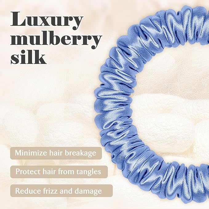 Scrunchies Hair Ties Silk Satin Scrunchy, WantGor Women 4PC Pure Mulberry Silk Skinny Elastic Scrunchies Hair Bands Bracelets Ponytail Holders Hair Accessories (Black,Blue,Navy,Lake Blue)