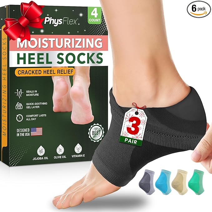 Moisturizing Heel Socks for Cracked Heels - Gel Socks for Dry Cracked Feet Repair - Silicone Socks for Women’s Foot Treatment & Overnight Hydration (Black/Grey/Beige, 3-Pair)