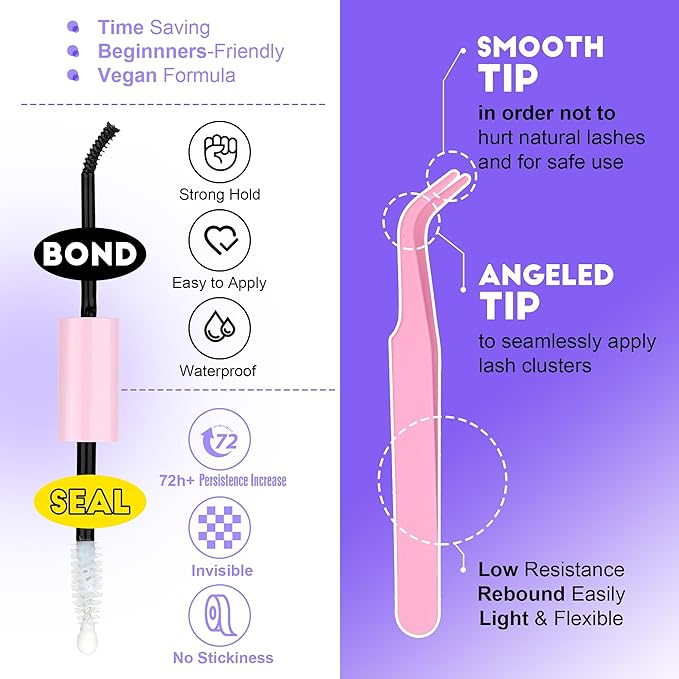 Pawotence Lash Extension Kit Individual Lash Clusters Kit 40D 50D Eyelash Extension Kit 8-16mm Eyelash Clusters with Lash Bond and Seal, Lash Tweezers for Beginners (40D&50D, 0.07D, 8-16mm, Kit)