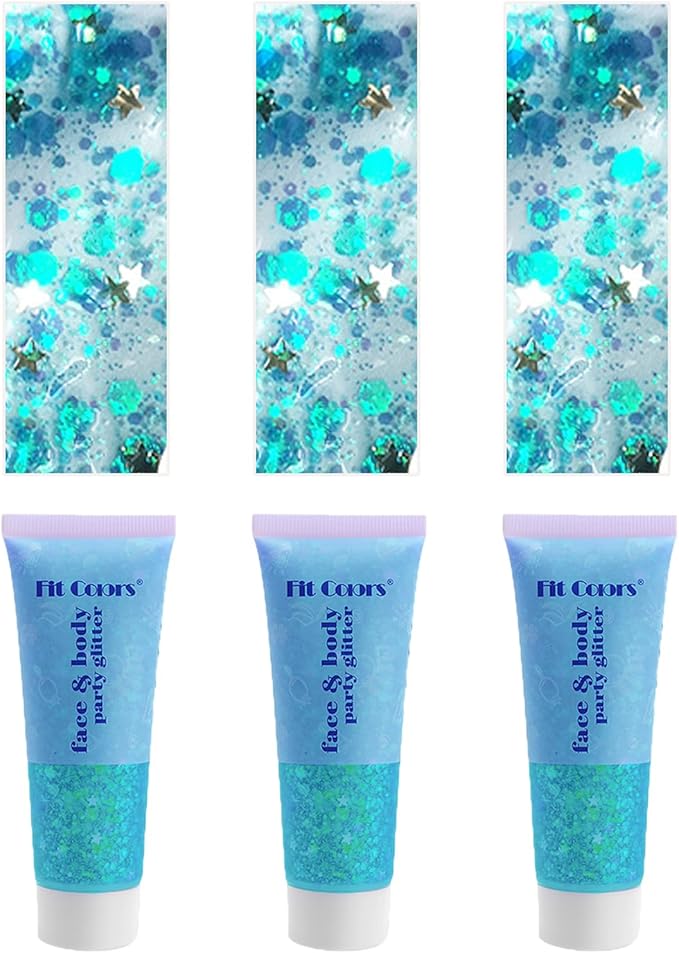 Face Body Glitter, Hair Glitter Sparkles Chunky Face Glitter Gel for Girls Makeup Singer Concerts Mermaid Festival Sequins Face Paint (3pc Light Blue)