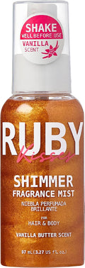 Ruby Kisses Shimmer Fragrance Body and Hair Mist Spray, Vanilla Glitter Body Perfume Spray, Skin Perfume, Liquid Illuminator Highlighter for Skin (ROSE GOLD)