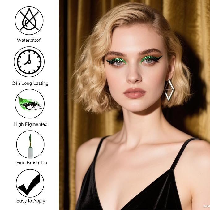 LAIKME Green Glitter Liquid Eyeliner, Shimmer Eyeliner, Long-Lasting Smudge-Proof, Waterproof, Quick-Dry, High Pigment Sparkly Glitter Eye Liner with Ultra-Fine Tip for Parties Festivals
