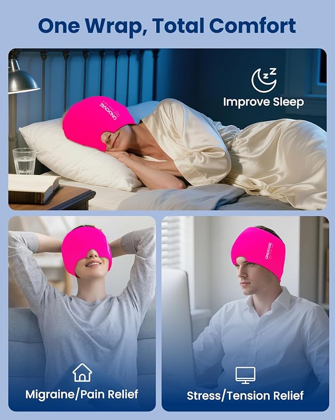 ONLYCARE Migraine Relief Cap, Upgraded Headache Relief Cap with Odorless Reusable Gel Head Wrap, Soothing Face Ice Pack Mask Products with Hot & Cold Therapy for Tension, Stress, Hangover & Puffy Eyes