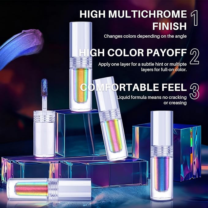 Multichrome Glitter Liquid Eyeshadow, Chameleon Shifting Color, Holographic Metallic Eyeshadow, Long-Lasting Wear, Vegan Eye Topper for Party, Daily Makeup (#02)