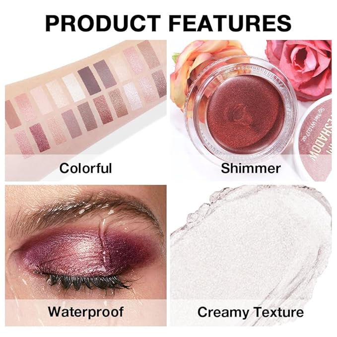 FeiCuiYun Cream Glitter Pearl Shimmer Metallic Eyeshadow Palette Makeup, Natural Single Mini Instant Holographic Eyeshadow For Women, Sombras Crema Para Ojos, Talc, Paraben & Cruelty Free, 18