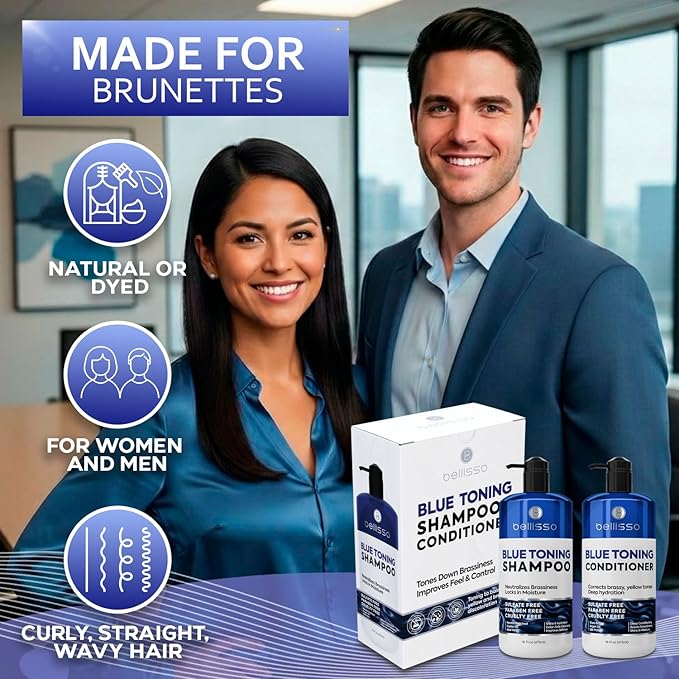 Blue Shampoo and Conditioner Set - Sulfate Free and Paraben Free - Neutralizing Toner to Correct Orange, Brassy Hair Back to Brunette - Professional Formula - For Women and Men - 16 Fl Oz (Set of 2)