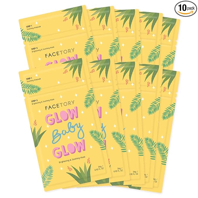 FACETORY K Beauty Face Mask Skin Care - Glow Baby Glow 2-Step Sheet Mask with Niacinamide & Aloe + Calming Ampoule | Brightens, Hydrates, Glowing Skin (10 Pack)