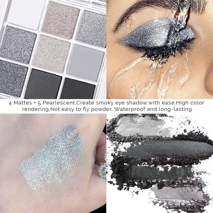 CAKAILA Black Silver Gray Smokey Eyeshadow Palette,Black and White and Sparkly Eye Shadow,Black Smokey Radiance Eyeshadow Palette,Long Lasting Waterproof Womens Eyeshadow Dark