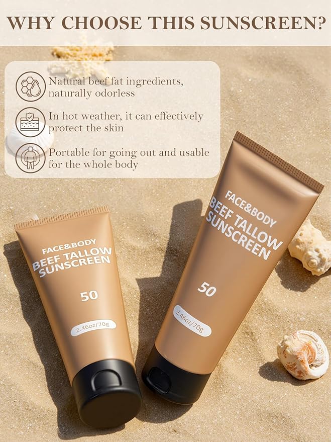 Beef Tallow Sunscreen, Sunscreen for Face, Natural Reef Safe Sunblock for Face Body, Non Greasy Clean Travel Sun Screen Sunblock for Sunmmer Outdoor Travel, 4 Packs