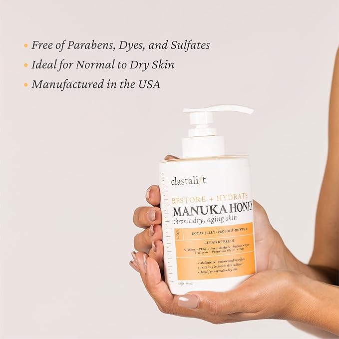 Elastalift Manuka Honey Cream Face Moisturizer & Body Butter Lotion For Dry Skin | Firming & Hydrating Miracle Balm Skin Care Moisturizing Lotion For Women, Wrinkles, & Sun Damaged Skin, 15 Fl Oz