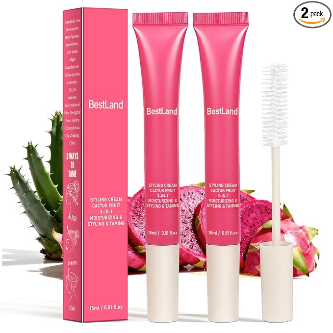 2 Pack Hair Cactus Fruit 3-in-1 Styling Cream & Taming Wand – Smooth Flyaways, Control Frizz & Define Curls | Lightweight Non-Greasy Formula, Precision Brush, Vegan & Citrus Scent Hair Care