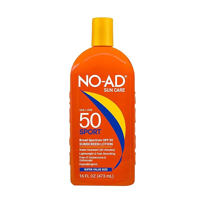 NO-AD SPF 50 SPORT Sunscreen Lotion | Hypoallergenic | Broad Spectrum UVA/UVB Protection | Water Resistant | Octinoxate & Oxybenzone Free with moisturizing Vitamin E and Aloe 16oz