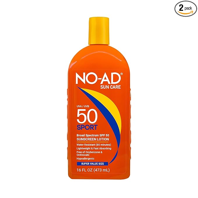 NO-AD SPF 50 SPORT Sunscreen Lotion | Hypoallergenic | Broad Spectrum UVA/UVB Protection | Water Resistant | Octinoxate & Oxybenzone Free with moisturizing Vitamin E and Aloe 16oz | Pack of 2