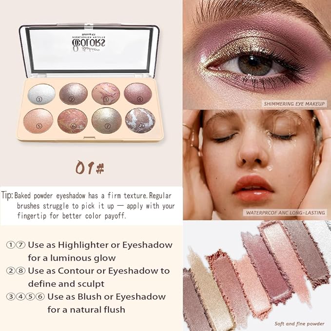 All-in-One Baked Eyeshadow Palette, Eyeshadow Highlighter Blush Contour, Soft Neutral Low-Saturation Tones, Smooth Blendable Buildable, Long-Lasting Natural Glow Makeup, Paleta de Sombras de Ojos 01