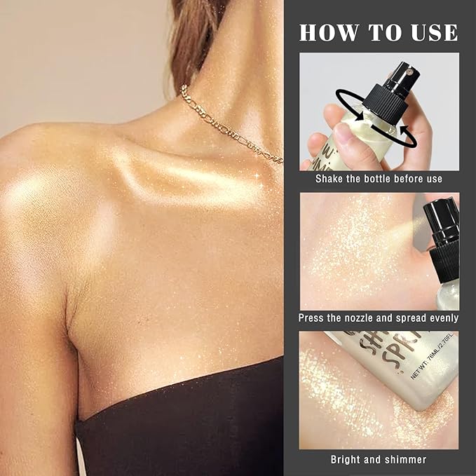 HOSAILY Body Glitter Spray - Silver Body Shimmer for Face, Hair & Body, Moisturizing Luminizer Glow Illuminator, Quick-Drying Sparkling Glitter Spray Liquid Highlighter Makeup (#01)