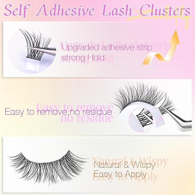 Self Adhesive Eyelashes Natural Self Adhesive Lash Clusters Pre-glued Eyelashes Clusters C-Curly No Glue Lashes Wispy Cluster Lashes 10-16MM DIY Individual Lashes by zanlufly