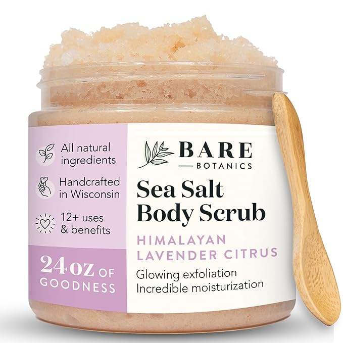 Bare Botanics 24oz Lavender Citrus Himalayan Sea Salt Body Scrub | Non-toxic, Vegan & Cruelty-free | Made in Madison, WI | Full Body Exfoliator & Hydrating Moisturizer with a Cute Wooden Spoon