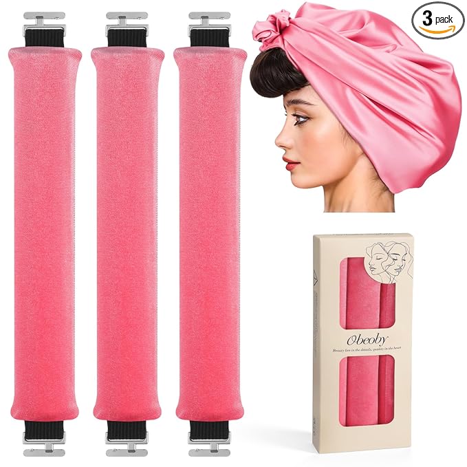 Heatless Curlers, Heatless Curls Overnight Set for Women, No Heat Hair Curlers to Sleep In, Jumbo Overnight Curls with Blowout Rods for Long Hair (Soft Pink, 3 Pack Curling Rod with 1 Scarf)