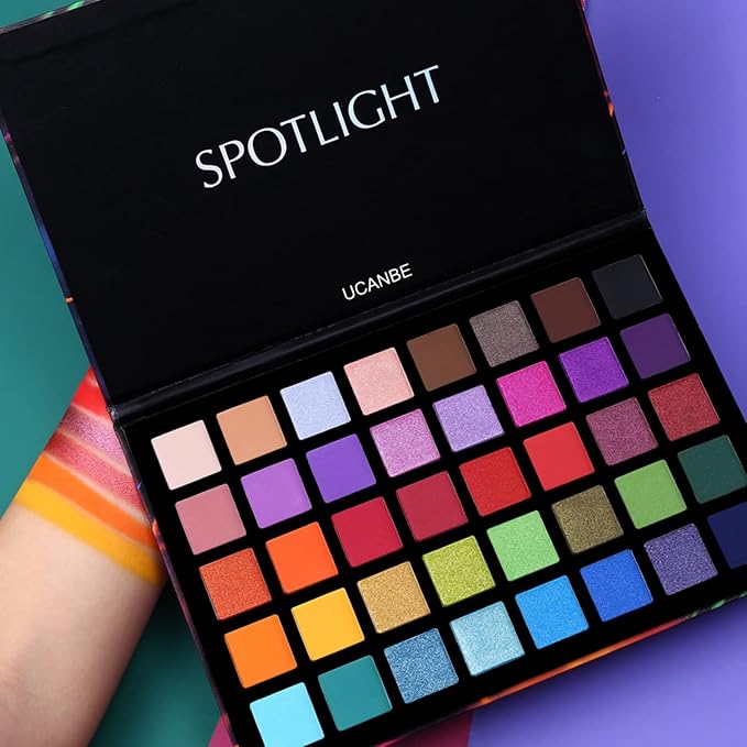 UCANBE Spotlight Eyeshadow Palette + 15 PCS Eye Brushes Makeup Set, Professional 40 Color Matte Shimmer Glitter Eye Shadow Pallet Highly Pigmented Waterproof Long Lasting Make up Pallete