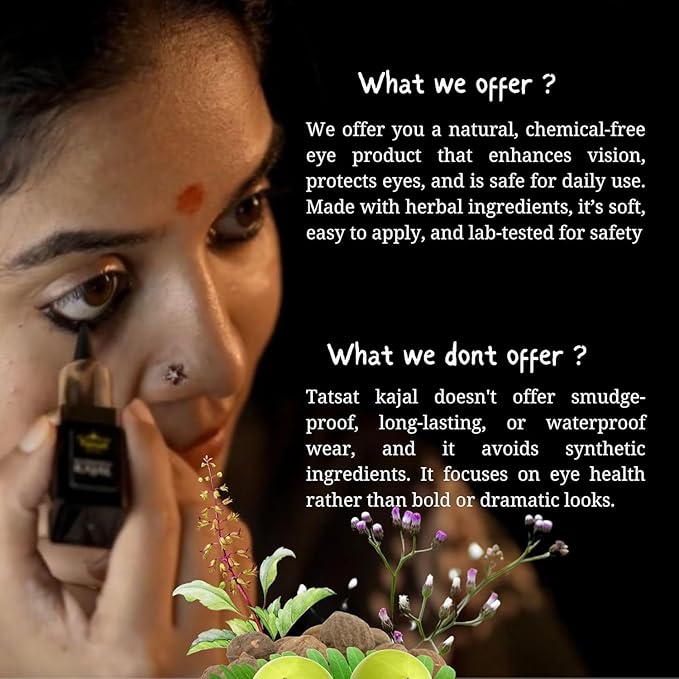 Tatsat Ayurvedic Herbal Kajal | Natural, Lead-Free & Chemical-Free Eye Care | Soothing Formula for Everyday Use | Safe for All Skin Types | Made with Triphala, Chakshushya Herbs, Castor Oil etc
