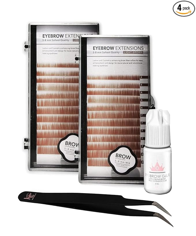 Lash Eyebrow Extensions Kit with 2 Trays of Mink False Eyebrows in Blonde/Light Brown, Eyebrow Glue Clear & Extension Tweezers, Comes on Mixed Length 5-8 mm Mix (Black Tweezer)