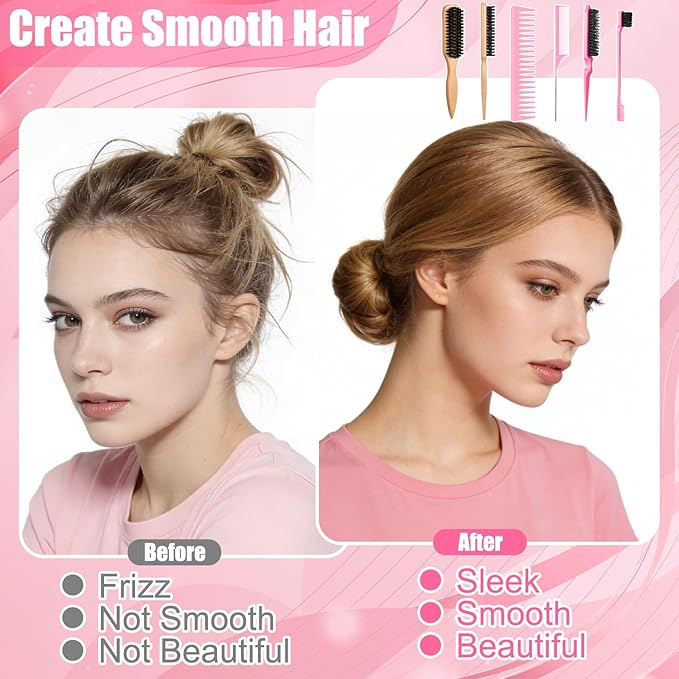 6 Pcs Boar Bristle Slick Back Hair Brush with Pink Edge Brush, Rat Tail Comb and Wide Tooth Comb for Women Men