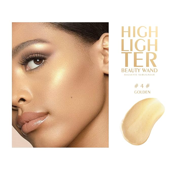 KYDA Liquid Highlighter Wand, Buildable Glow Face Illuminator, Shimmer Highlighter Bronzer Makeup Stick, Smooth Blendable Coverage with Cushion Applicator, Golden, 06 fl oz