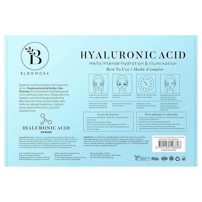 BLOOMORA Hyaluronic Acid Under Eye Patches (30 Pairs) - For Dark Circles & Puffiness - Hydrating Eye Mask for Care
